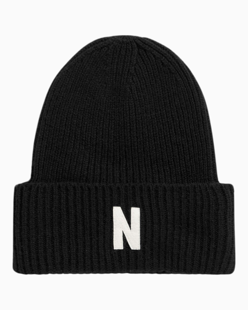 Norse Projects Merino Lambswool Rib N Logo Beanie Black