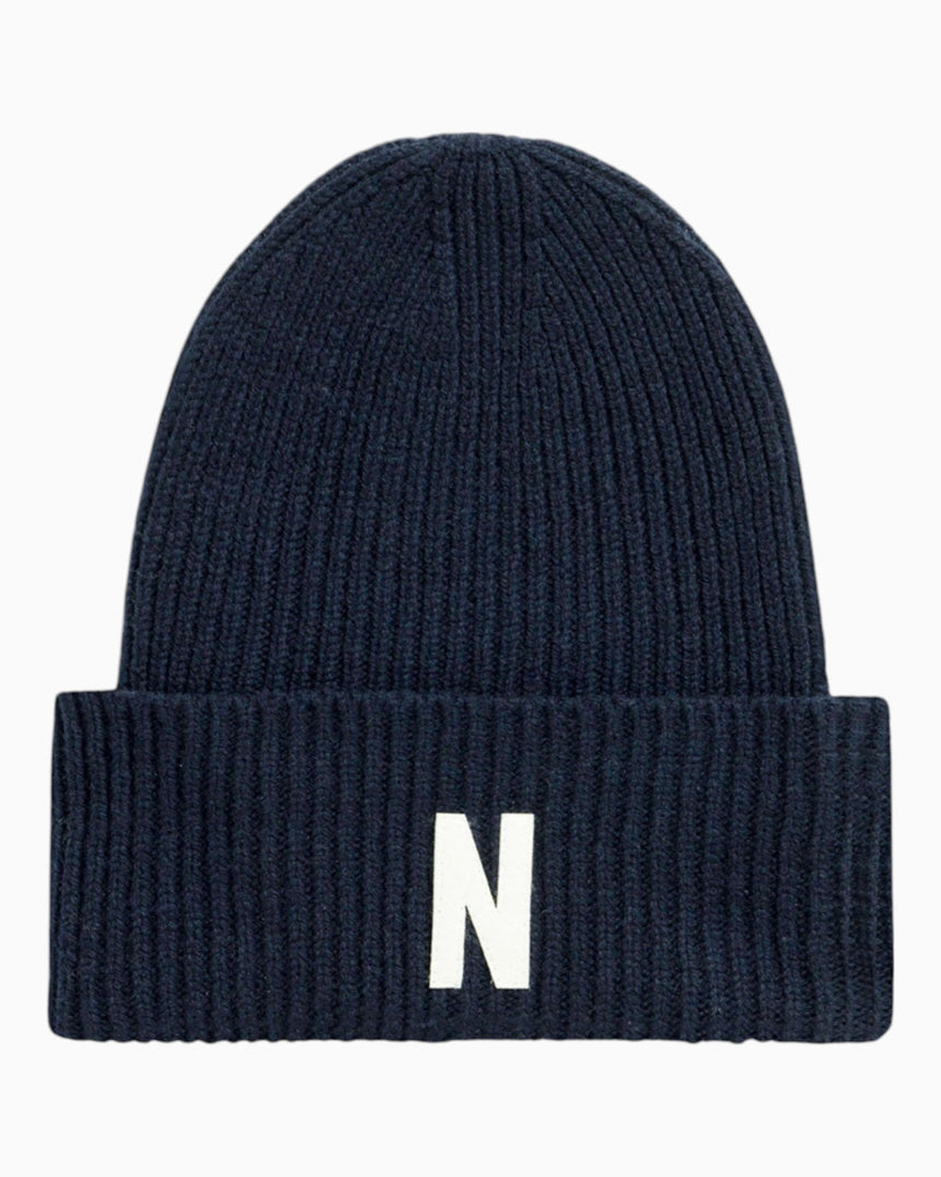 Norse Projects Merino Lambswool Rib N Logo Beanie Dark Navy