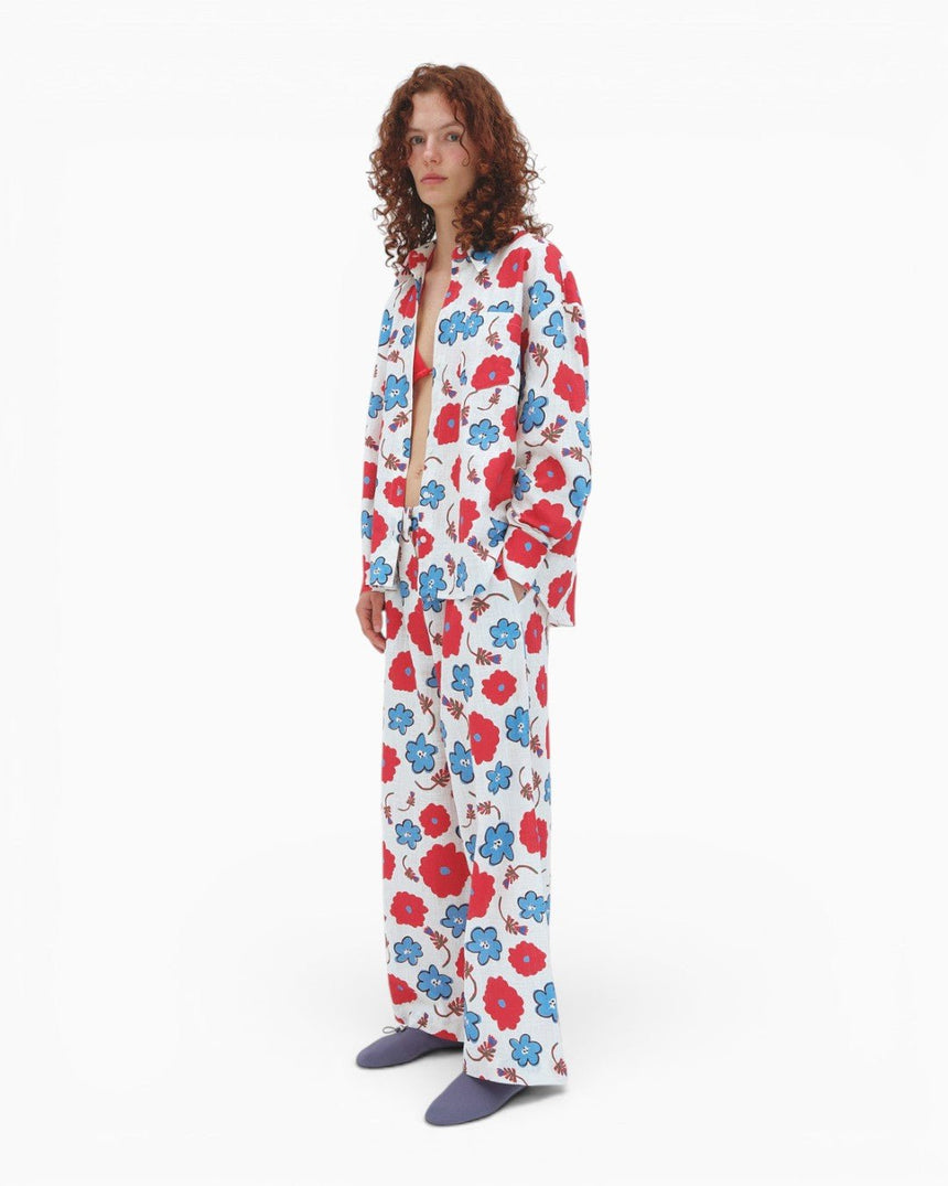 PEMY Red Flower Düz Kesim Geniş Kadın Pantolon
