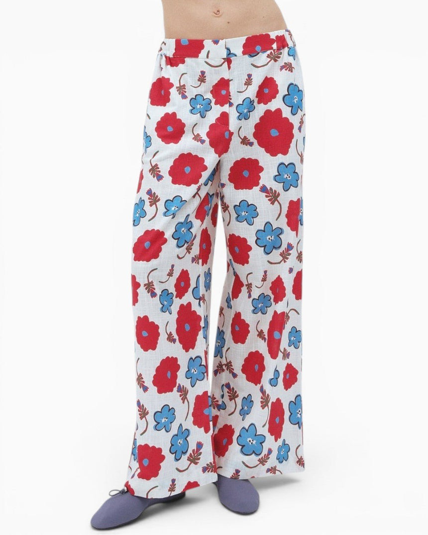 PEMY Red Flower Düz Kesim Geniş Kadın Pantolon Red Flower
