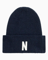 Norse Projects Merino Lambswool Rib N Logo Beanie Dark Navy