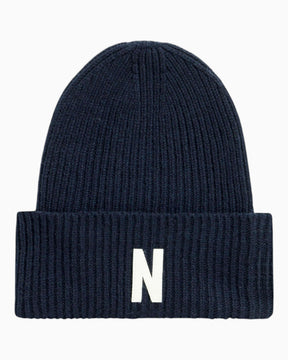 Norse Projects Merino Lambswool Rib N Logo Beanie Dark Navy